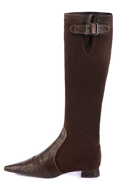 Dark brown women's knee-high boots with buckles. Pointed toe. Flat flare heels. Made to measure. Profile view - Florence KOOIJMAN